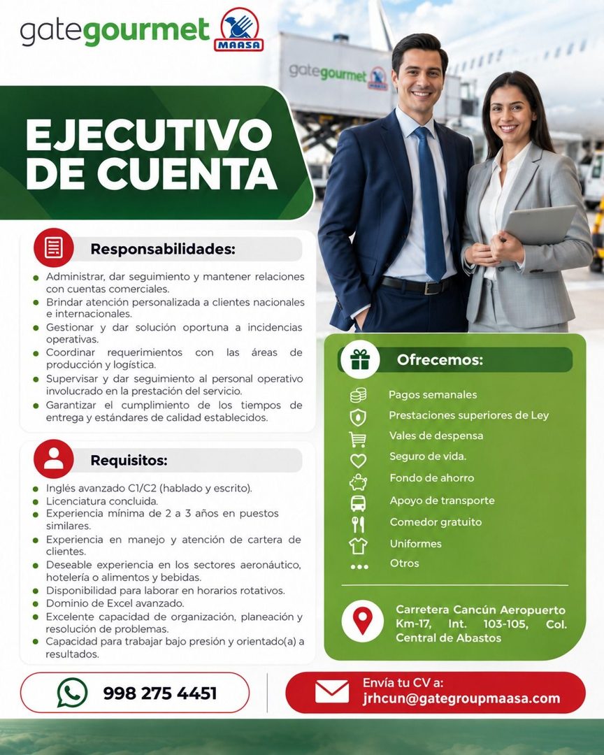 Banner del anuncio de la vacante: gategourmet · MAASA · 1/11 · gategourmet 2 · EJECUTIVO · DE CUENTA · Responsabilidades: · • Administrar, dar seguimiento y mantener relacion
