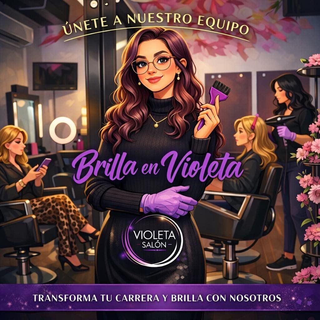 Banner del anuncio de la vacante: ÚNETE A NUESTRO EQUIPO · Brilla en Violeta · VIOLETA · SALON - · TRANSFORMA TU CARRERA Y BRILLA CON NOSOTROS