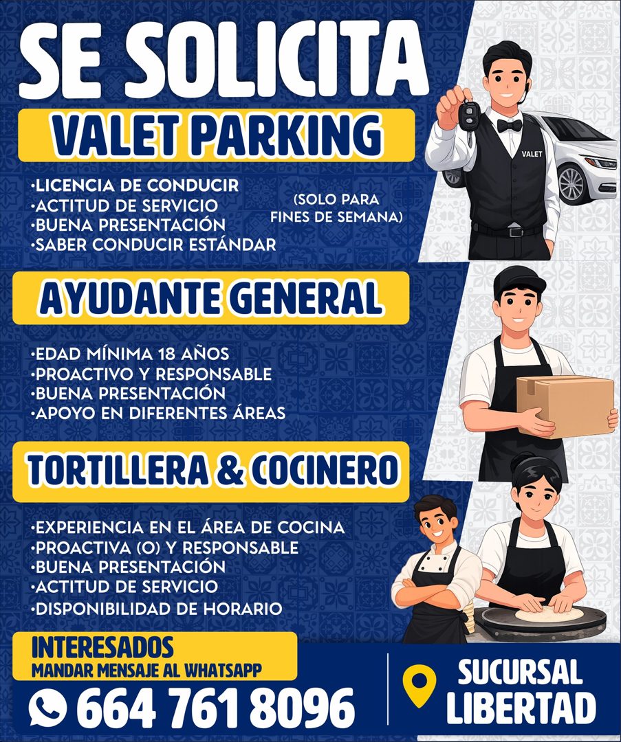 Banner del anuncio de la vacante: SE SOLICITA · VALET PARKING · •LICENCIA DE CONDUCIR · •ACTITUD DE SERVICIO · •BUENA PRESENTACIÓN · •SABER CONDUCIR ESTÁNDAR · (SOLO PARA · F