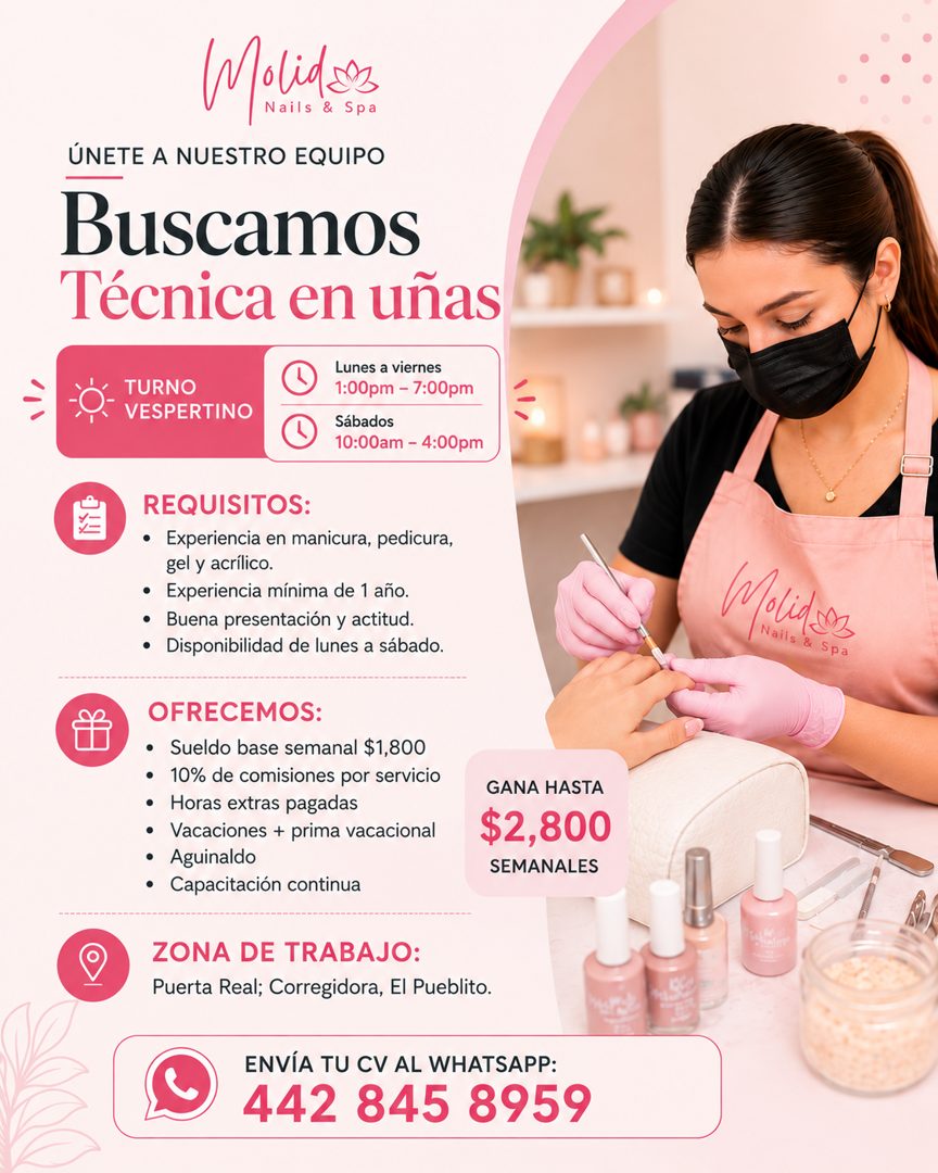 Banner del anuncio de la vacante: Wolid se · Nails & So · ÚNETE A NUESTRO EQUIPO · Buscamos · Técnica en uñas · TURNO · VESPERTINO · Lunes a viernes · 1:00pm - 7:00pm · Sábad