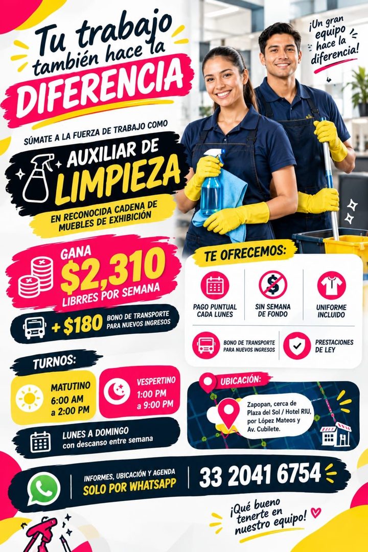 Banner del anuncio de la vacante: Tu trabajo · tambien hace · DIFERENCIA · SÚMATE A LA FUERZA DE TRABAJO COMO · + AUXILIAR DE · O LIMPIEZA · EN RECONOCIDA CADENA DE · MUEBLES