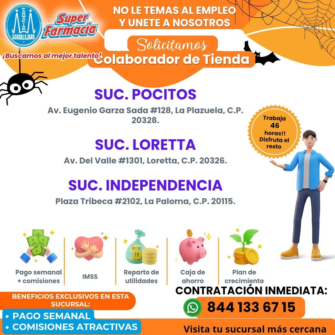 Banner del anuncio de la vacante: + · NO LE TEMAS AL EMPLEO · Super® · GUADALAJARA. · Farmacia · Y UNETE A NOSOTROS | · Solicitamos · ¡Buscamos al mejor talento! olaborador d
