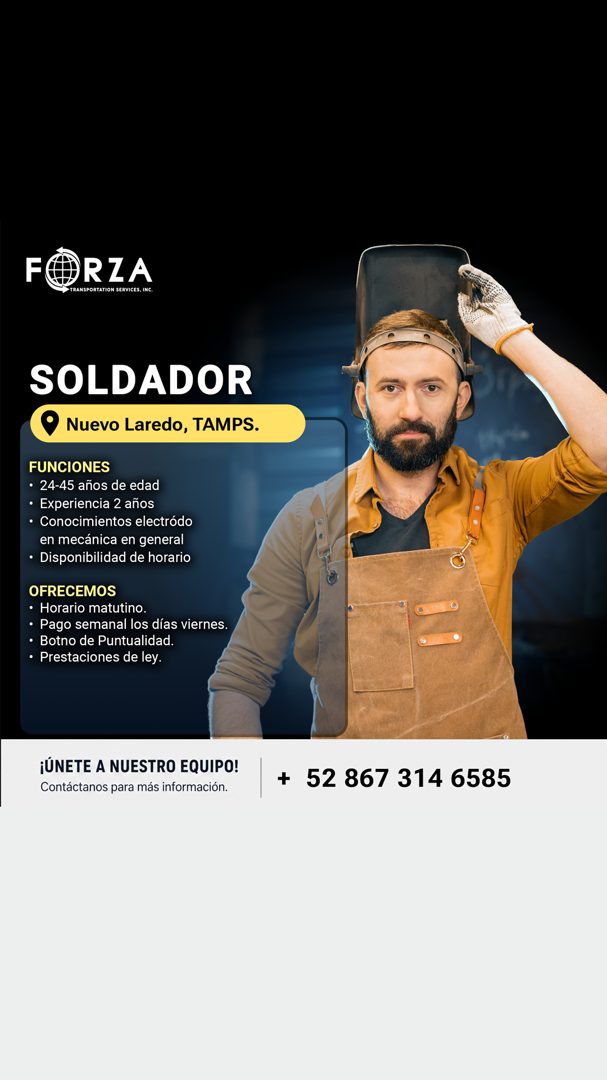 Banner del anuncio de la vacante: RZA · TRANSPORTATION SERVICES, INC. · SOLDADOR · Nuevo Laredo, TAMPS. · FUNCIONES · • 24-45 años de edad · • Experiencia 2 años · • Conocimi