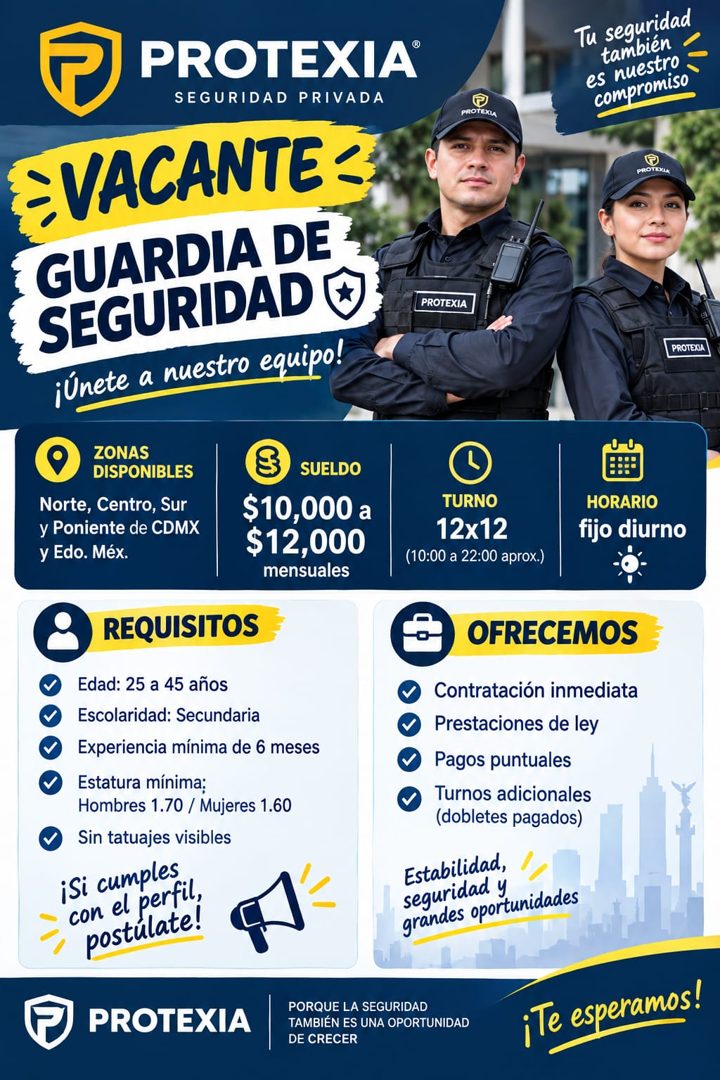 Banner del anuncio de la vacante: P · PROTEXIA® · SEGURIDAD PRIVADA · VACANTE : · GUARDIA DE · SEGURIDAD · ¡Únete a nuestro equipo! · ZONAS · DISPONIBLES · Norte, Centro, Sur