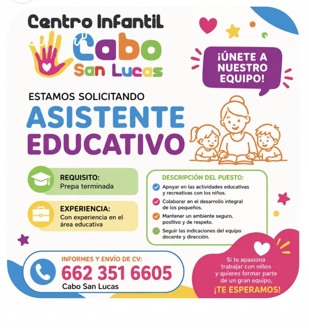 Banner del anuncio de la vacante: Centro Infantil · Labo · San Lucas · ¡ÚNETE A · NUESTRO · EQUIPO! · ESTAMOS SOLICITANDO · ASISTENTE · EDUCATIVO · REQUISITO: · Prepa termina