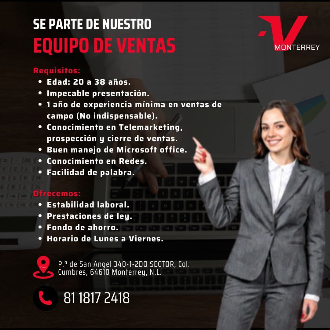Banner del anuncio de la vacante: SE PARTE DE NUESTRO · EQUIPO DE VENTAS · Requisitos: · • Edad: 20 a 38 años. · • Impecable presentación. · • 1 año de experiencia mínima en 