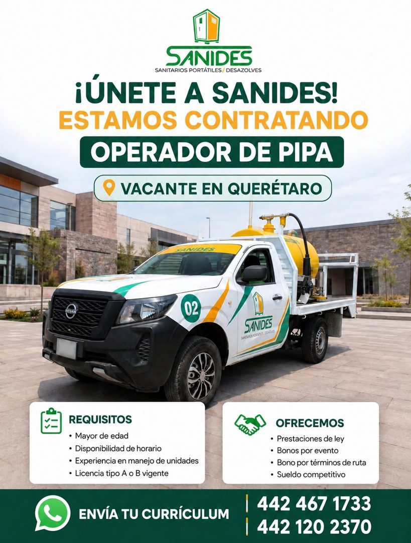 Banner del anuncio de la vacante: SANIDES · SANITARIOS PORTÁTILES / DESAZOLVES · ¡ÚNETE A SANIDES! · ESTAMOS CONTRATANDO · OPERADOR DE PIPA · VACANTE EN QUERÉTARO · 02 · SANI