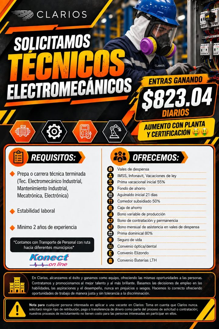 Banner del anuncio de la vacante: CLARIOS · SOLICITAMOS · TECNICOS · ELECTROMECÁNICOS · CLARIOS · ENTRAS GANANDO · $823.04 · DIARIOS · AUMENTO CON PLANTA · Y CERTIFICACIÓN · 