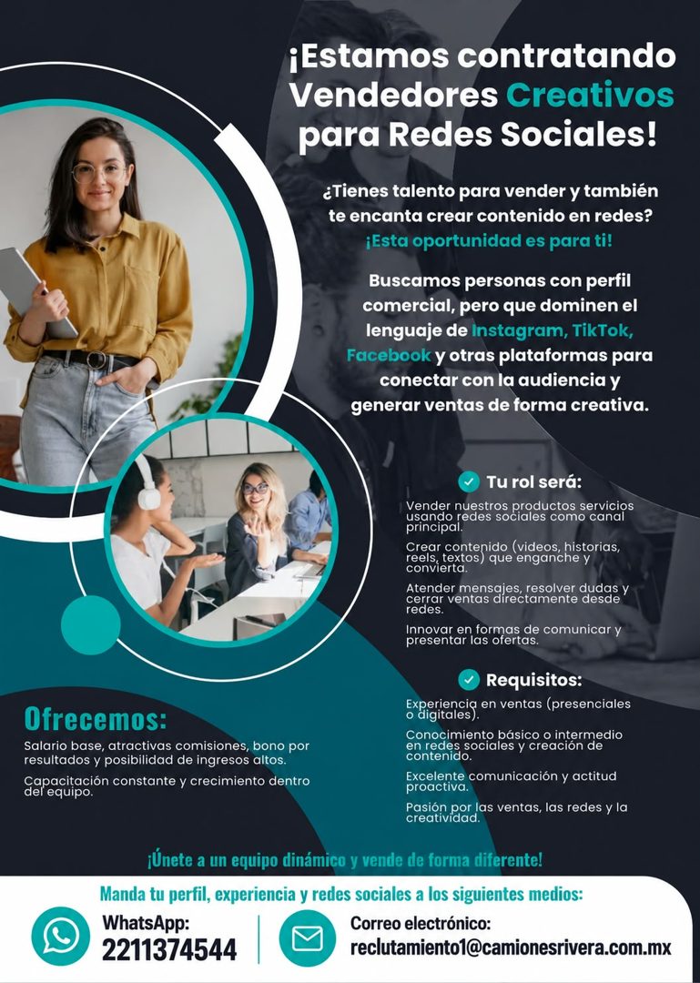Banner del anuncio de la vacante: ¡Estamos contratando · Vendedores Creativos · para Redes Sociales! · ¿Tienes talento para vender y también · te encanta crear contenido en r