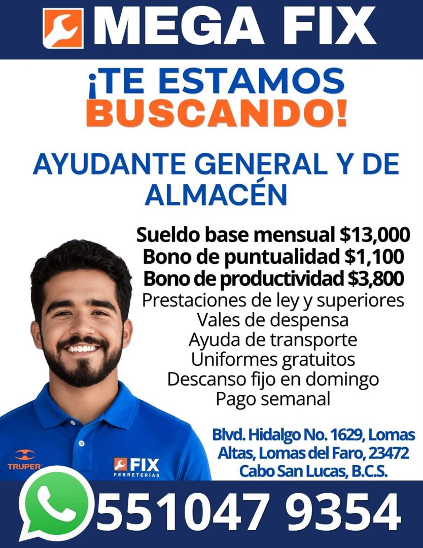 Banner del anuncio de la vacante: TRUPER · MEGA FIX · ¡TE ESTAMOS · BUSCANDO! · AYUDANTE GENERAL Y DE · ALMACÉN · Sueldo base mensual $13,000 · Bono de puntualidad $1,100 · B