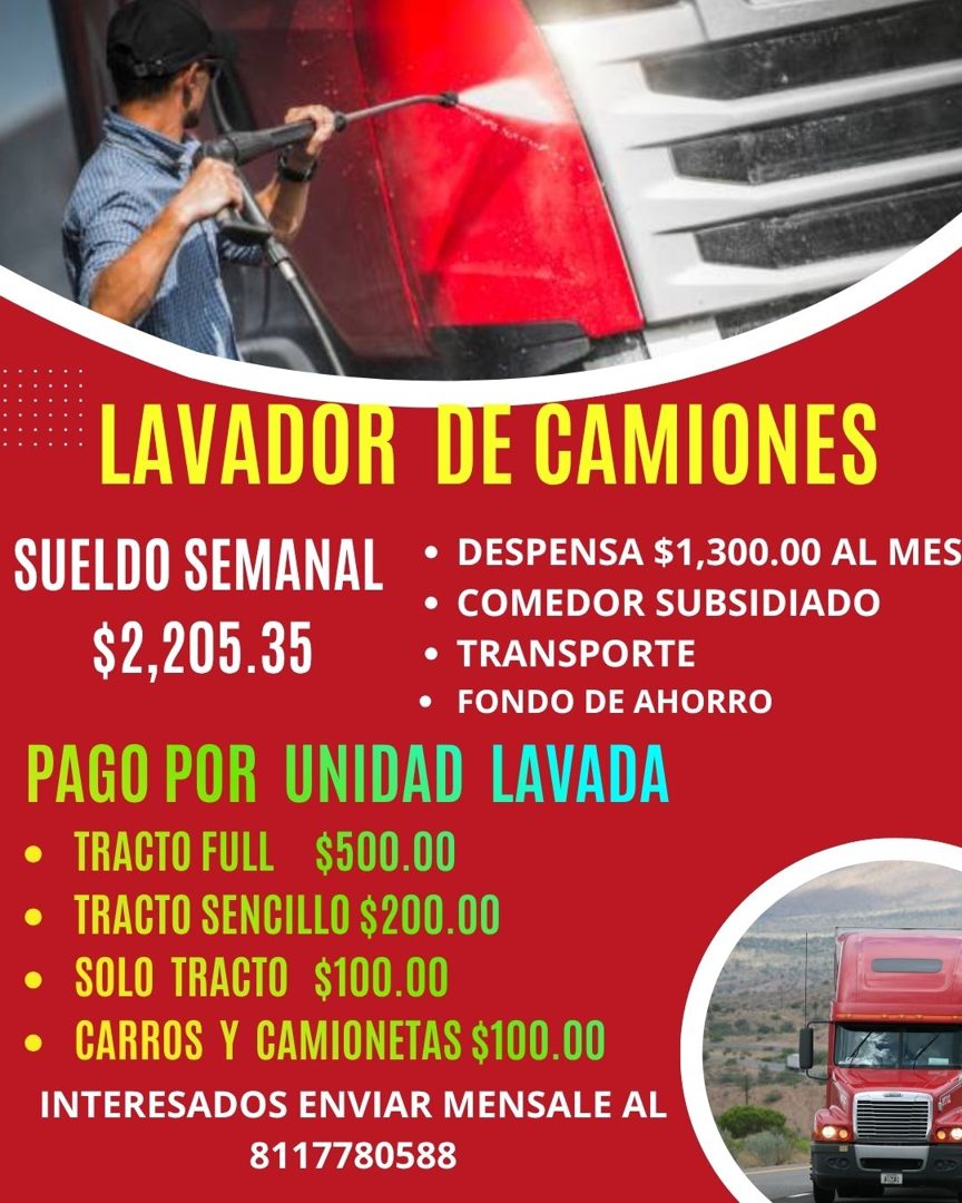 Banner del anuncio de la vacante: LAVADOR DE CAMIONES · SUELDO SEMANAL · • DESPENSA $1,300.00 AL MES · • COMEDOR SUBSIDIADO · $2,205.35 · • TRANSPORTE · • FONDO DE AHORRO · P