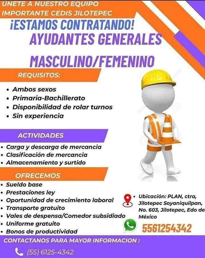 Banner del anuncio de la vacante: UNEITE A NUESTRO EQUIPO · IMPORTANTE CEDIS JILOTEPEC · ¡ESTAMOS CONTRATANDO! · AYUDANTES GENERALES · MASCULINO/FEMENINO · REQUISITOS: · • Am