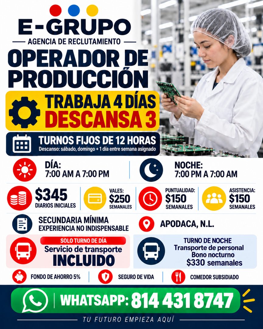 Banner del anuncio de la vacante: E-GRUPO · AGENCIA DE RECLUTAMIENTO · OPERADOR DE · PRODUCCIÓN · TRABAJA 4 DÍAS · DESCANSA 3 · TURNOS FIJOS DE 12 HORAS · Descanso: sábado, d