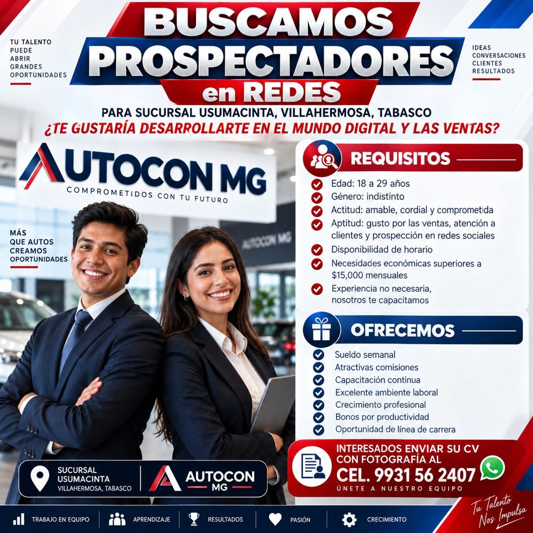 Banner del anuncio de la vacante: TU TALENTO · PUEDE · ABRIR · GRANDES · OPORTUNIDADES · BUSCAMOS · PROSPECTADORES · IDEAS · CONVERSACIONES · CLIENTES · RESULTADOS · en REDES