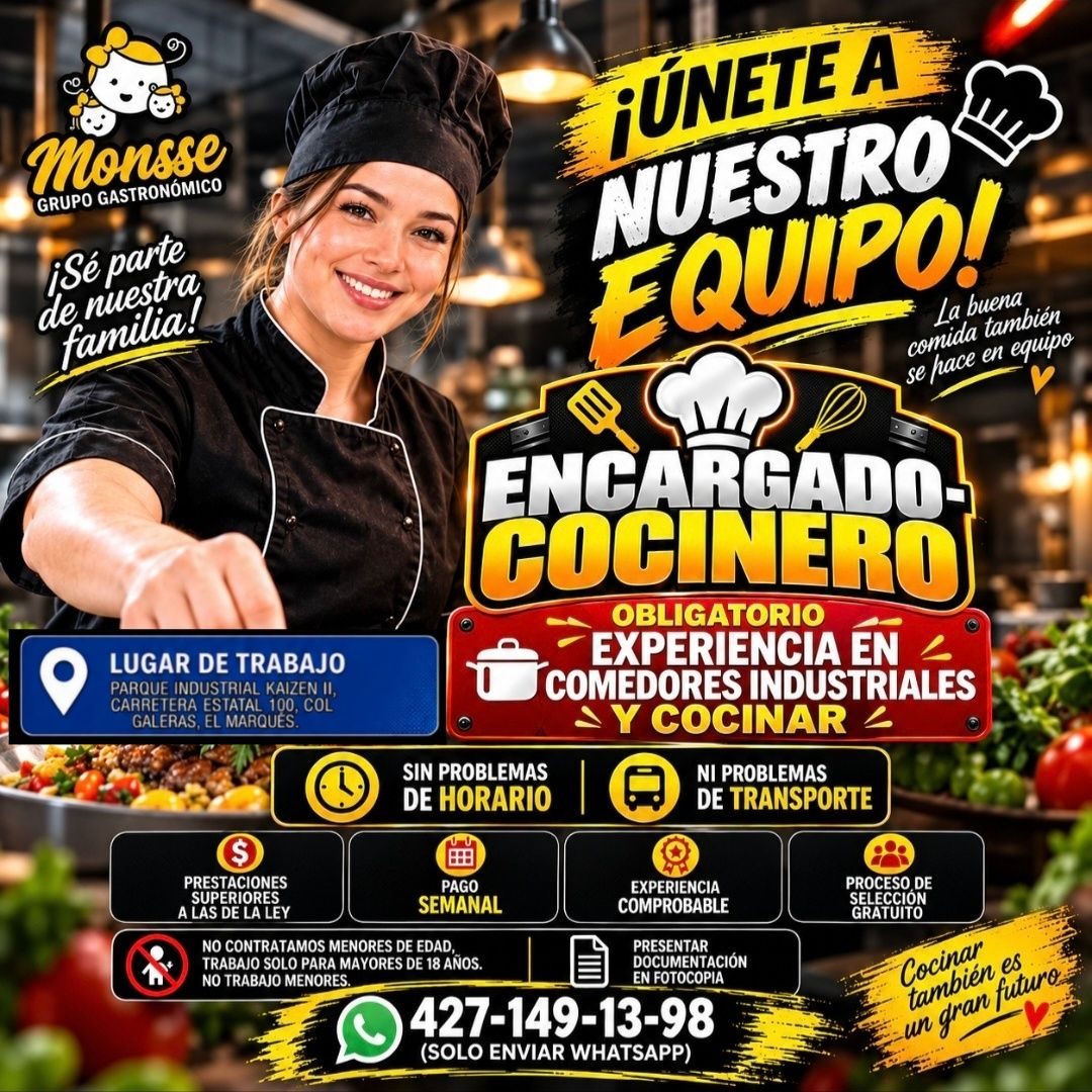 Banner del anuncio de la vacante: Monsse · GRUPO GASTRONÓMICO · ¡Sé parte · de nuestra · familia! · ¡UNETE A · NUESTRO · EQUIPO! · La buena · comida también · se pace en equi