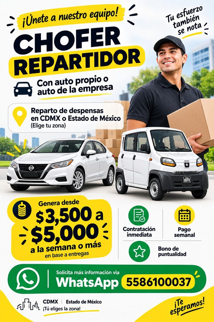 Banner del anuncio de la vacante: ¡Unete a nuestro equipo! · CHOFER · REPARTIDOR · Con auto propio o · auto de la empresa · Reparto de despensas · en CDMX o Estado de México 