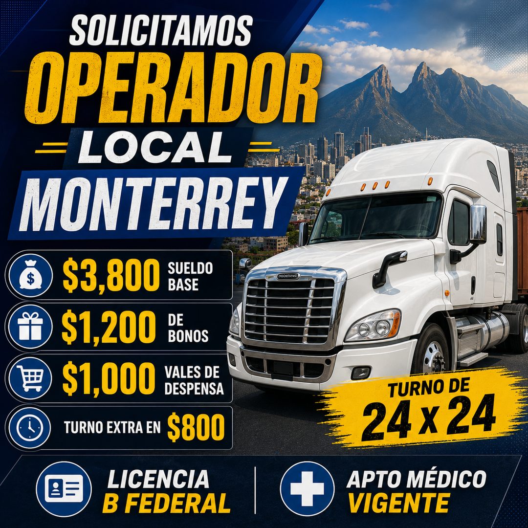 Banner del anuncio de la vacante: SOLICITAMOS · OPERADOR · = LOCAL - · MONTERREY · $3,800 · SUELDO · BASE · $1,200 · DE · BONOS · $1,000 · VALES DE · DESPENSA · TURNO EXTRA E