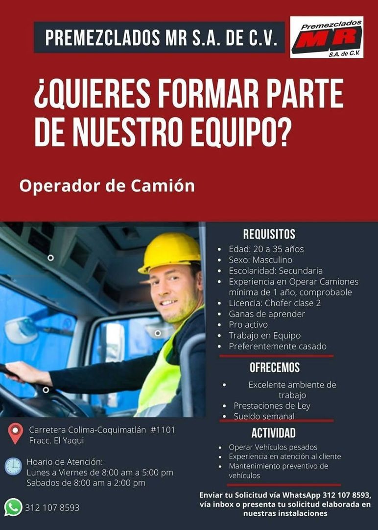 Banner del anuncio de la vacante: Premezclados · PREMEZCLADOS MR S.A. DE C.V. · S.A. de C.V. · ¿QUIERES FORMAR PARTE · DE NUESTRO EQUIPO? · Operador de Camión · Carretera Col