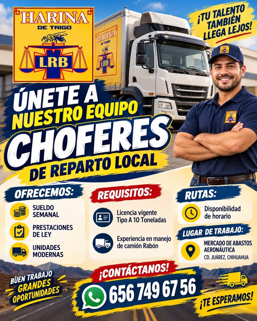 Banner del anuncio de la vacante: HARINA · DE TRIGO · ¡TU TALENTO · TAMBIEN · LLEGA LEJOS! · RARINA · DE TRIGO · LRB A · 30g00G0 · 2000000 · LRB · 0000000 · O00D0OG · ÚNETE A
