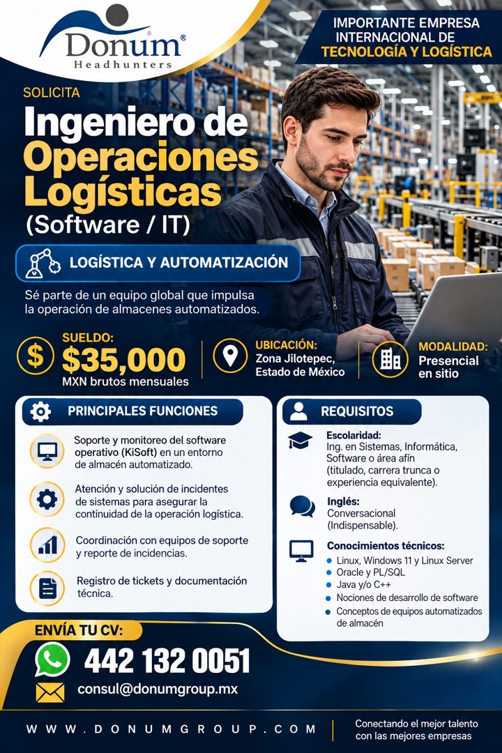 Banner del anuncio de la vacante: Donum® · Headhunters · SOLICITA · Ingeniero de · Operaciones · Logísticas · (Software / IT) · LOGÍSTICA Y AUTOMATIZACIÓN · Sé parte de un eq