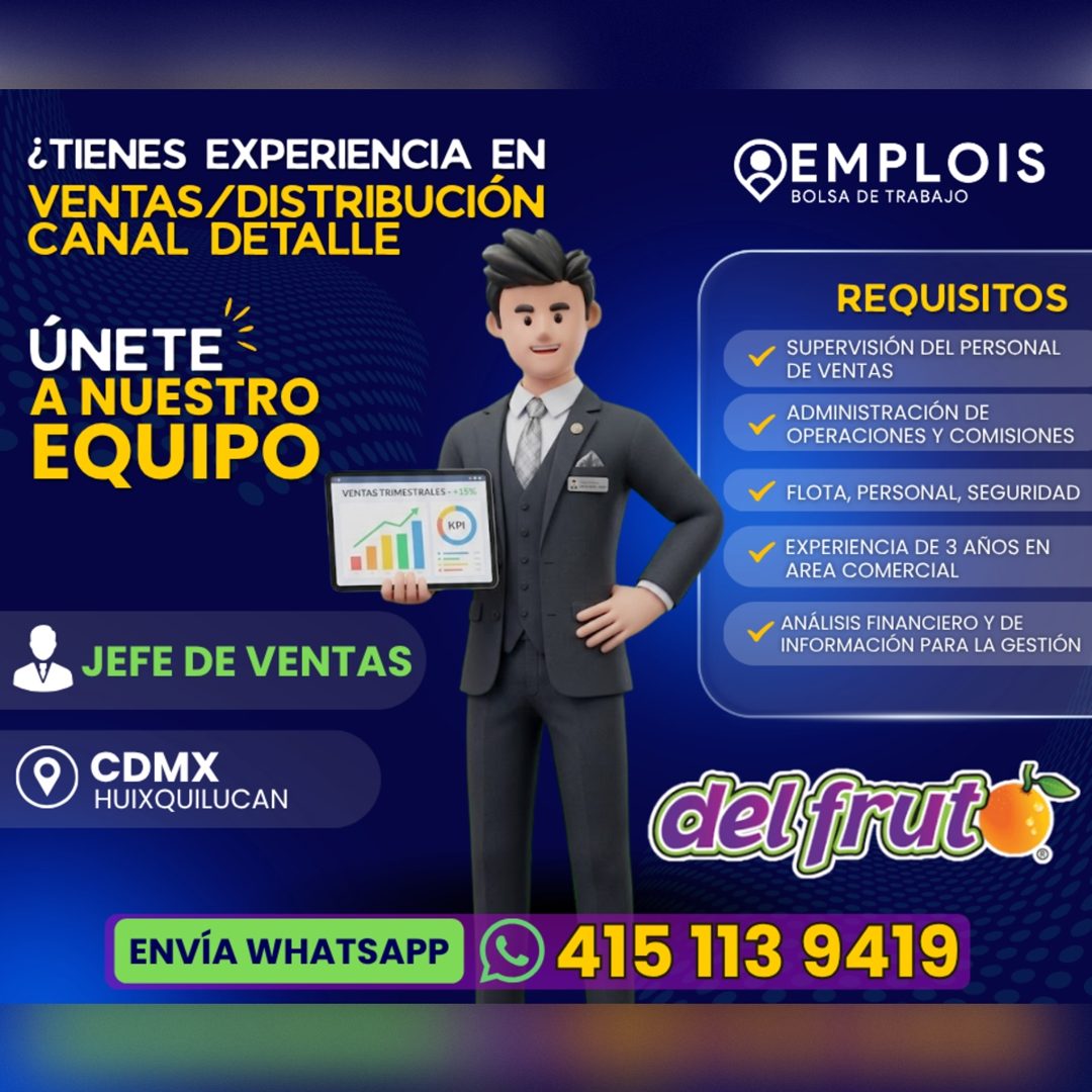 Banner del anuncio de la vacante: ¿TIENES EXPERIENCIA EN · VENTAS/DISTRIBUCIÓN · CANAL DETALLE · ÚNETE · A NUESTRO · EQUIPO · EMPLOIS · BOLSA DE TRABAJO · VENTAS TRIMESTRALES