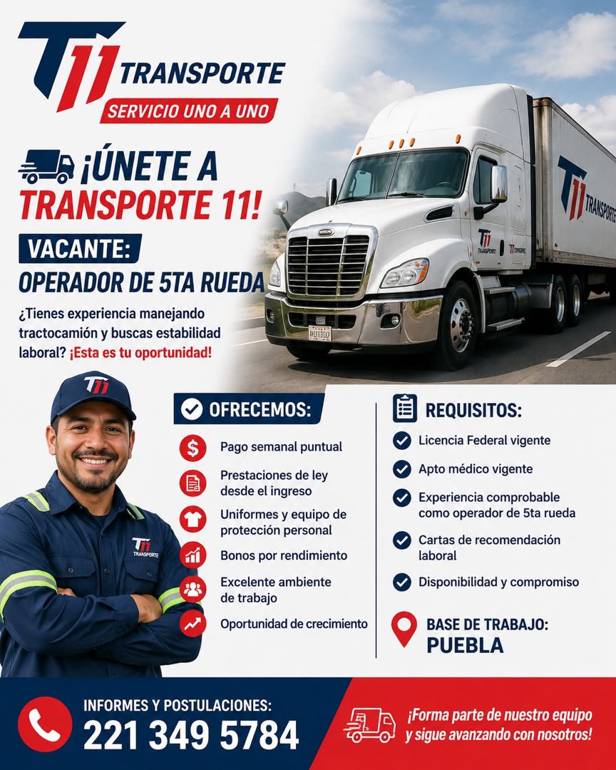 Banner del anuncio de la vacante: TT TRANSPORTE · SERVICIO UNO A UNO · Q ¡ÚNETE A · TRANSPORTE 11! · VACANTE: · OPERADOR DE 5TA RUEDA- · ¿Tienes experiencia manejando · tract