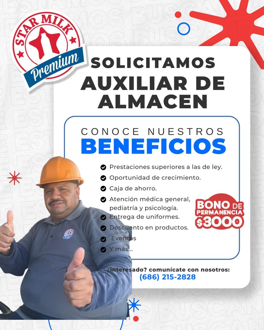 Banner del anuncio de la vacante: Premium · SOLICITAMOS · AUXILIAR DE · ALMACEN · 1 EST · EST · CONOCE NUESTROS · BENEFICIOS · Prestaciones superiores a las de ley. · • Oport