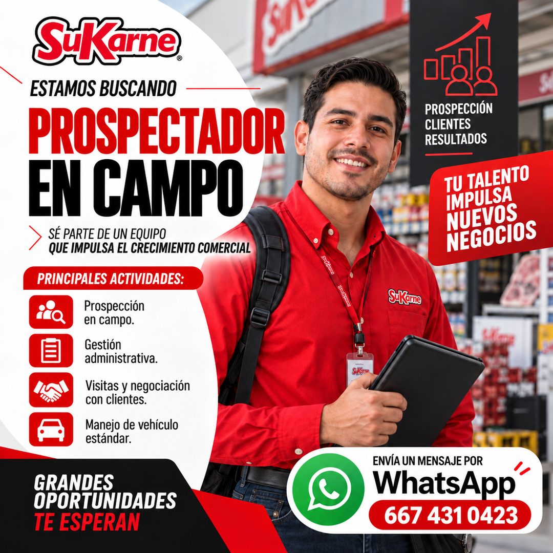 Banner del anuncio de la vacante: S-Karne® · ESTAMOS BUSCANDO · PROSPECTADOR · EN CAMPO · SÉ PARTE DE UN EQUIPO · QUE IMPULSA EL CRECIMIENTO COMERCIAL · PRINCIPALES ACTIVIDAD