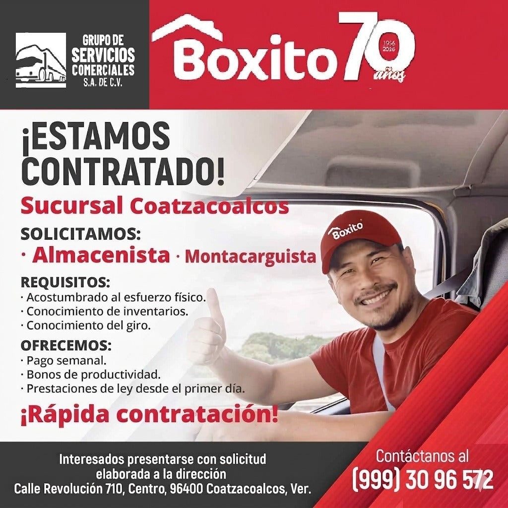 Banner del anuncio de la vacante: GRUPO DE · SERVICIOS · COMERCIALES · S.A. DE C.V. · Boxito 7Q · ¡ESTAMOS · CONTRATADO! · Sucursal Coatzacoalcos · SOLICITAMOS: · • Almacenis