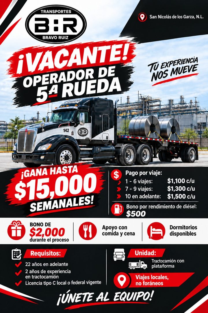 Banner del anuncio de la vacante: TRANSPORTES · BIR · BRAVO RUIZ · ¡VACANTE! · OPERADOR DE · 54 RUEDA · San Nicolás de los Garza, N.L. · TU EXPERIENCIA · NOS MUEVE · 142 · ¡G