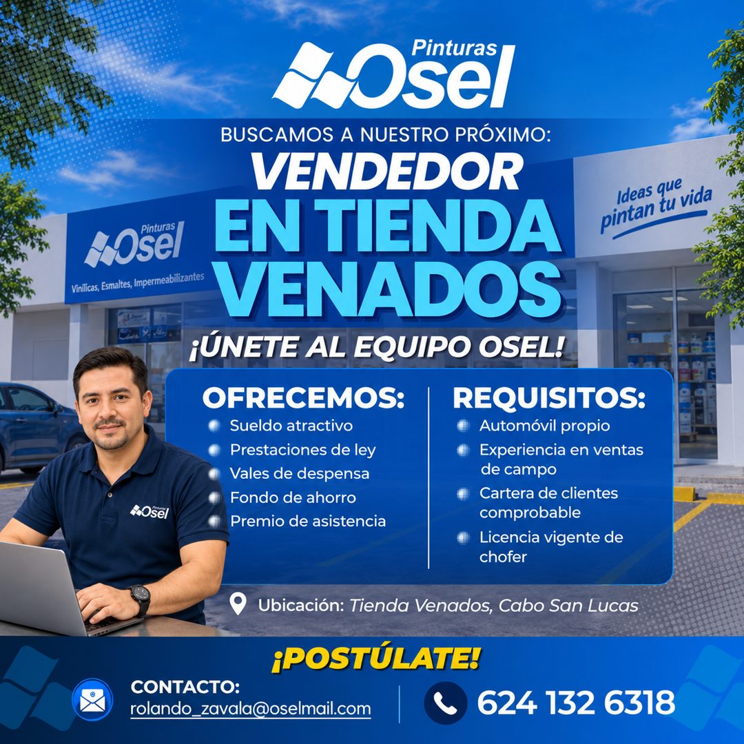 Banner del anuncio de la vacante: Pinturas · Osel · BUSCAMOS A NUESTRO PRÓXIMO: · VENDEDOR · Pinturas · EN TIENDA · Vinilicas, Esmaltes, Impermeabilizantes · VENADOS · ¡ÚNETE