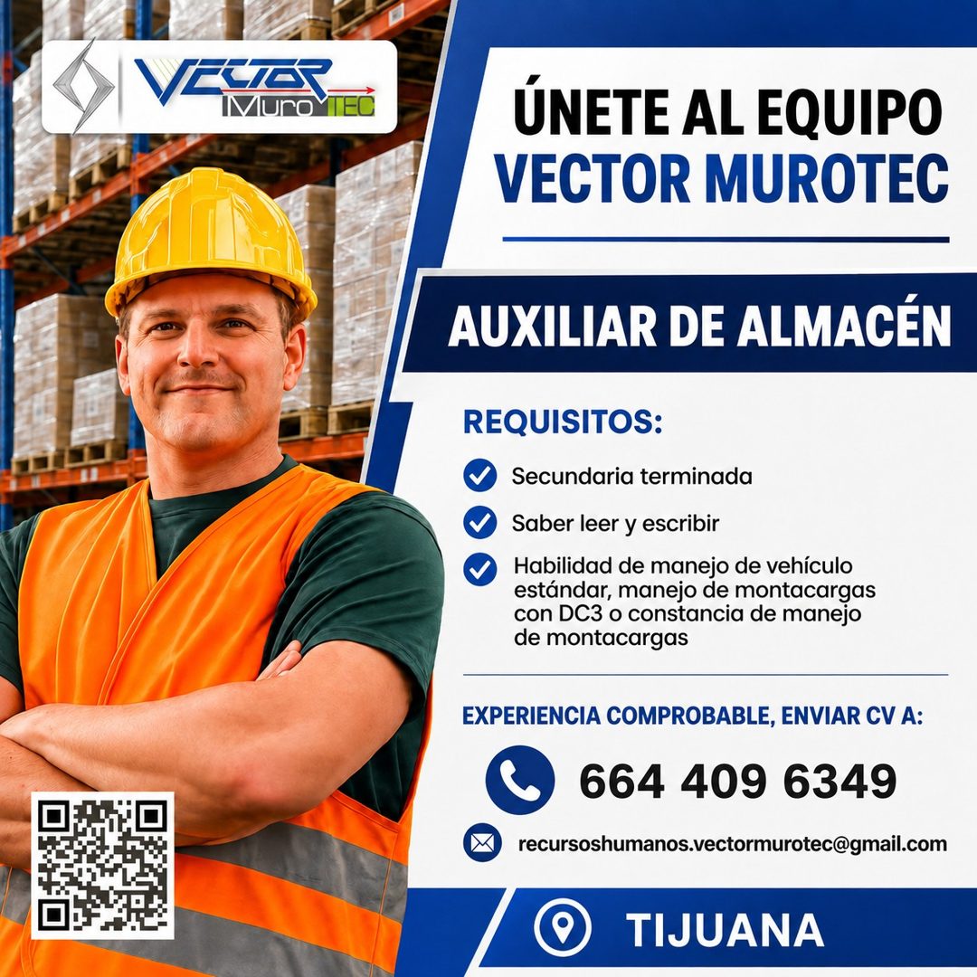 Banner del anuncio de la vacante: VITTE · uro · ITEC · ÚNETE AL EQUIPO · VECTOR MUROTEC · AUXILIAR DE ALMACÉN · REQUISITOS: · Secundaria terminada · Saber leer y escribir · H