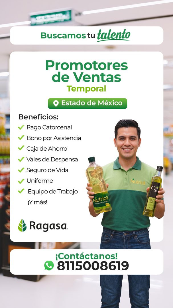 Banner del anuncio de la vacante: Buscamos tu talento · Promotores · de Ventas · Temporal · • Estado de México · Beneficios: · Pago Catorcenal · Bono por Asistencia · Caja de