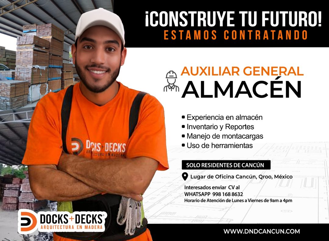 Banner del anuncio de la vacante: DEIS- DECKS · ETOTA EN MADER · 5 DOCKS- DECKS · ARQUITECTURA EN MADERA · ¡CONSTRUYE TU FUTURO! · ESTAMOS CONTRATANDO · AUXILIAR GENERAL · AL