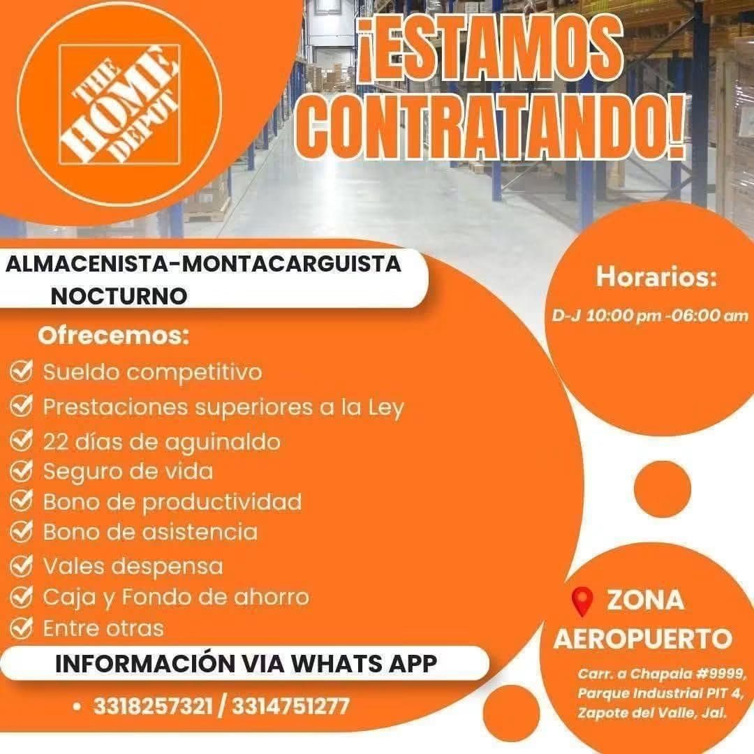 Banner del anuncio de la vacante: ¡ESTAMOS · CONTRATANDO! · ALMACENISTA-MONTACARGUISTA · NOCTURNO · Ofrecemos: · Sueldo competitivo · Prestaciones superiores a la Ley · 22 dí