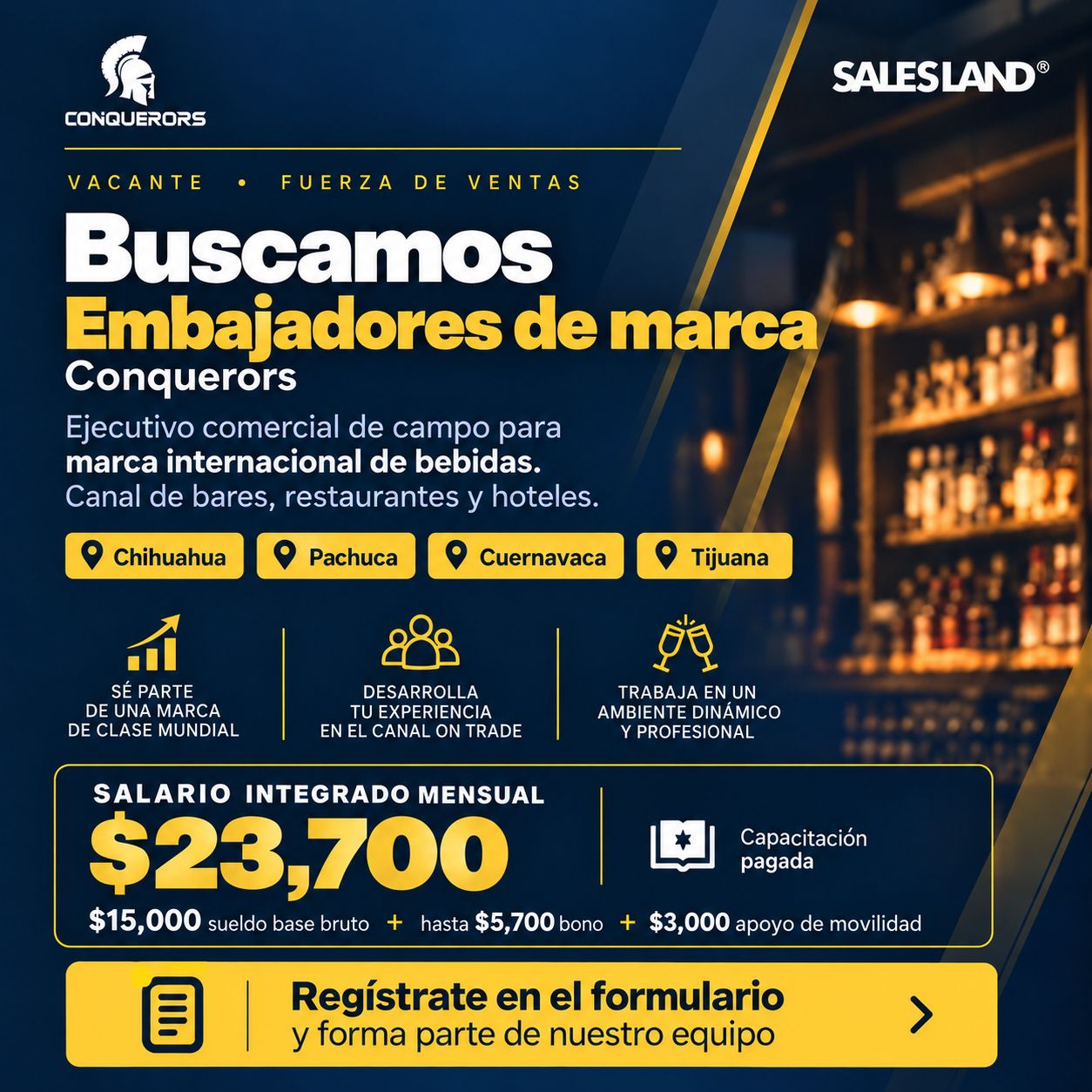Banner del anuncio de la vacante: SALESLAND® · CONQUERORS · VACANTE • FUERZA DE VENTAS · Buscamos · Embajadores de marca · Conquerors · Ejecutivo comercial de campo para · ma