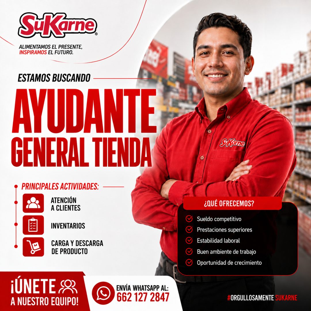 Banner del anuncio de la vacante: S-Karne · ALIMENTAMOS EL PRESENTE, · INSPIRAMOS EL FUTURO. · ESTAMOS BUSCANDO · AYUDANTE · GENERAL TIENDA · PRINCIPALES ACTIVIDADES: · ATENC