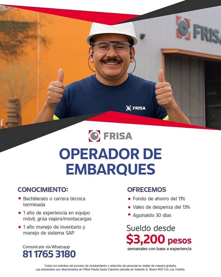 Banner del anuncio de la vacante: FRIS · O FRISA · O FRISA · OPERADOR DE · EMBARQUES · CONOCIMIENTO: · • Bachillerato o carrera técnica · terminada · • 1 año de experiencia e