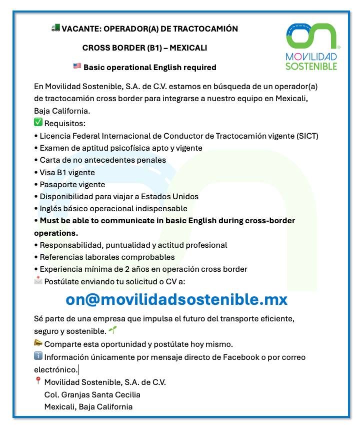 Banner del anuncio de la vacante: co VACANTE: OPERADOR(A) DE TRACTOCAMIÓN · CROSS BORDER (B1) - MEXICALI · •Basic operational English required · MOVILIDAD · SOSTENIBLE · En M