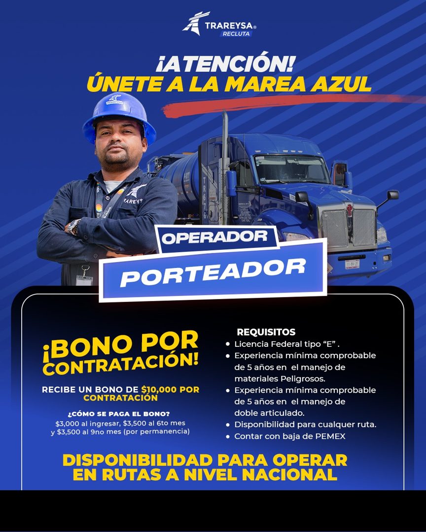 Banner del anuncio de la vacante: TRAREYSA® · RECLUTA · ¡ATENCIÓN! · ÚNETE A LA MAREA AZUL · PAREYS · OPERADOR · PORTEADOR · ¡BONO POR · CONTRATACIÓN! · RECIBE UN BONO DE $10