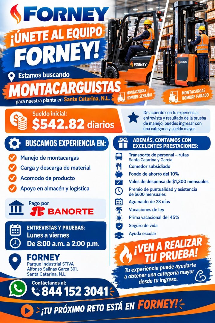 Banner del anuncio de la vacante: FORNEY · •ÚNETE AL EQUIPO · FORNEY! · Estamos buscando · MONTACARGUISTAS · para nuestra planta en Santa Catarina, N.L. · V · V · ( FORNEY · 