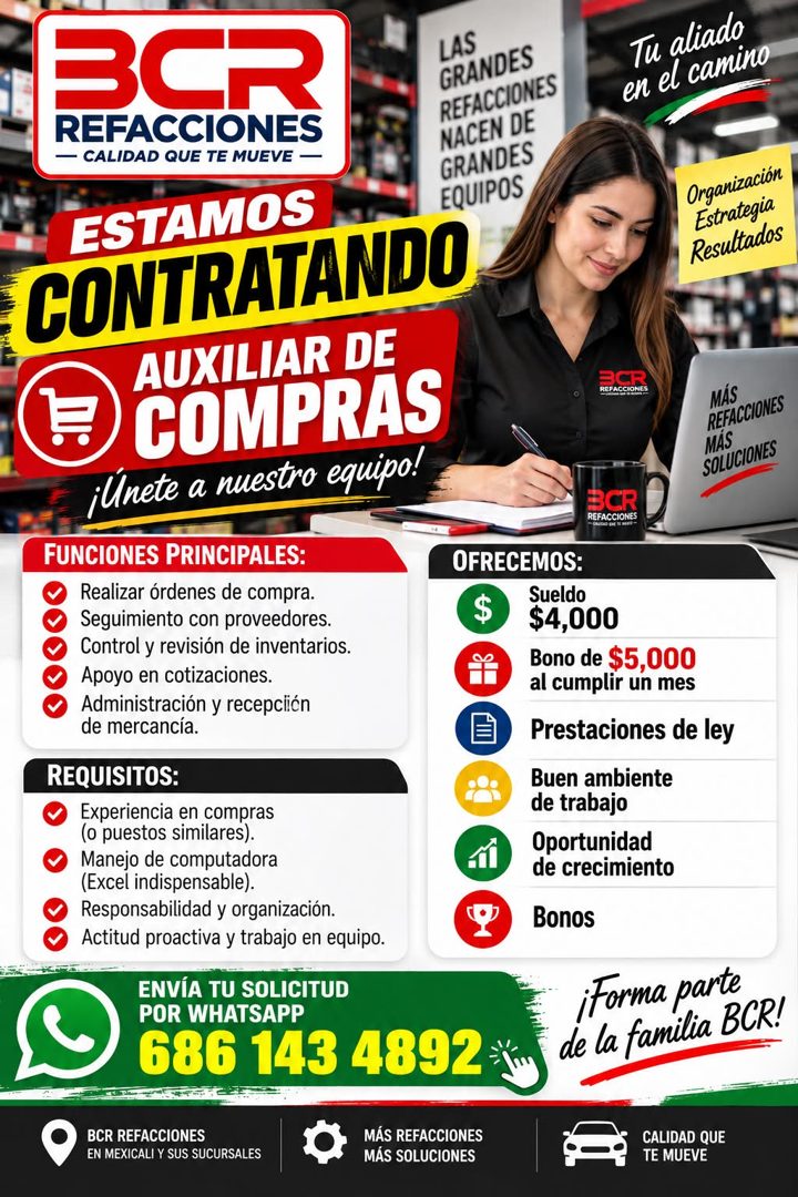 Banner del anuncio de la vacante: BCR · REFACCIONES · — CALIDAD QUE TE MUEVE - · LAS · GRANDES · REFACCIONES · NACEN DE · GRANDES · EQUIPOS · ESTAMOS · CONTRATANDO · AUXILIAR