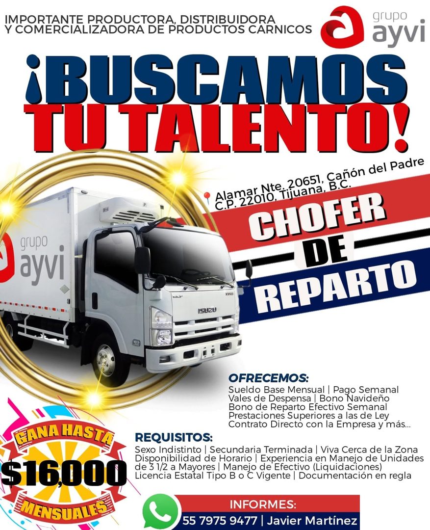 Banner del anuncio de la vacante: IMPORTANTE PRODUCTORA, DISTRIBUIDORA · grupo · Y COMERCIALIZADORA DE PRODUCTOS CARNICOS · ayvi · ¡BUSCAMOS · TU TALENTO! · Alamar Nte. 20651