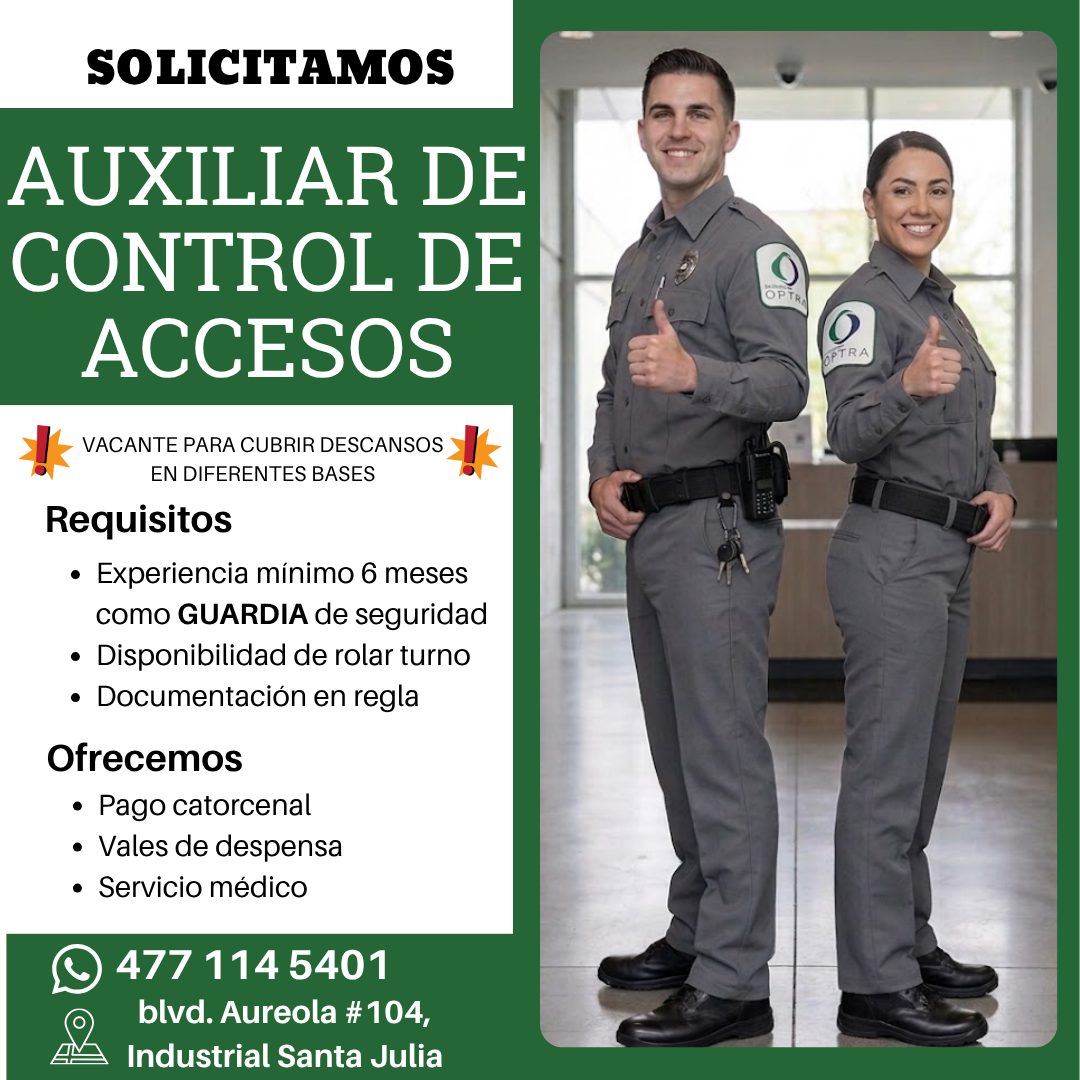 Banner del anuncio de la vacante: SOLICITAMOS · AUXILIAR DE · CONTROL DE · ACCESOS · ! - VACANTE PARA CUBRIR DESCANSOS; · EN DIFERENTES BASES · Requisitos · • Experiencia mín