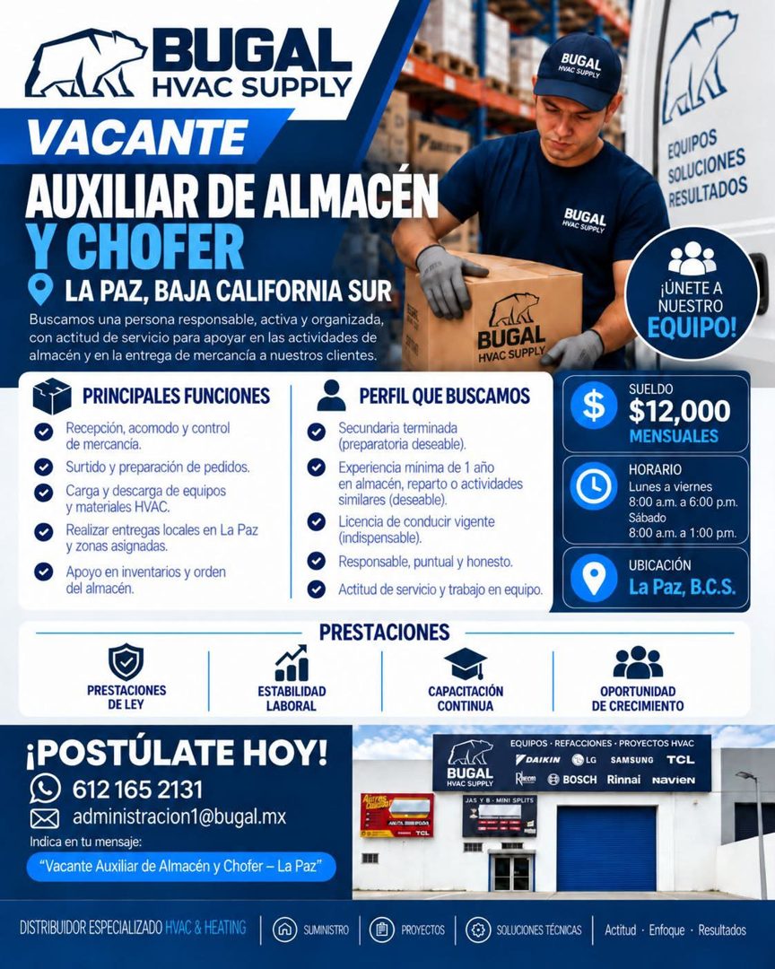 Banner del anuncio de la vacante: BUGAL · HVAC SUPPLY · VACANTE · AUXILIAR DE ALMACÉN · Y CHOFER · LA PAZ, BAJA CALIFORNIA SUR · Buscamos una persona responsable, activa y or