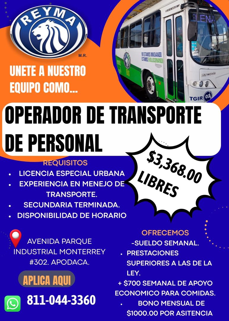 Banner del anuncio de la vacante: REYMA · M.R. · NO ESTAMOS II · ESTAMOS E · UNETE A NUESTRO · EQUIPO COMO.... · Marcopolo · TGIR · 02 · OPERADOR DE TRANSPORTE · DE PERSONAL 
