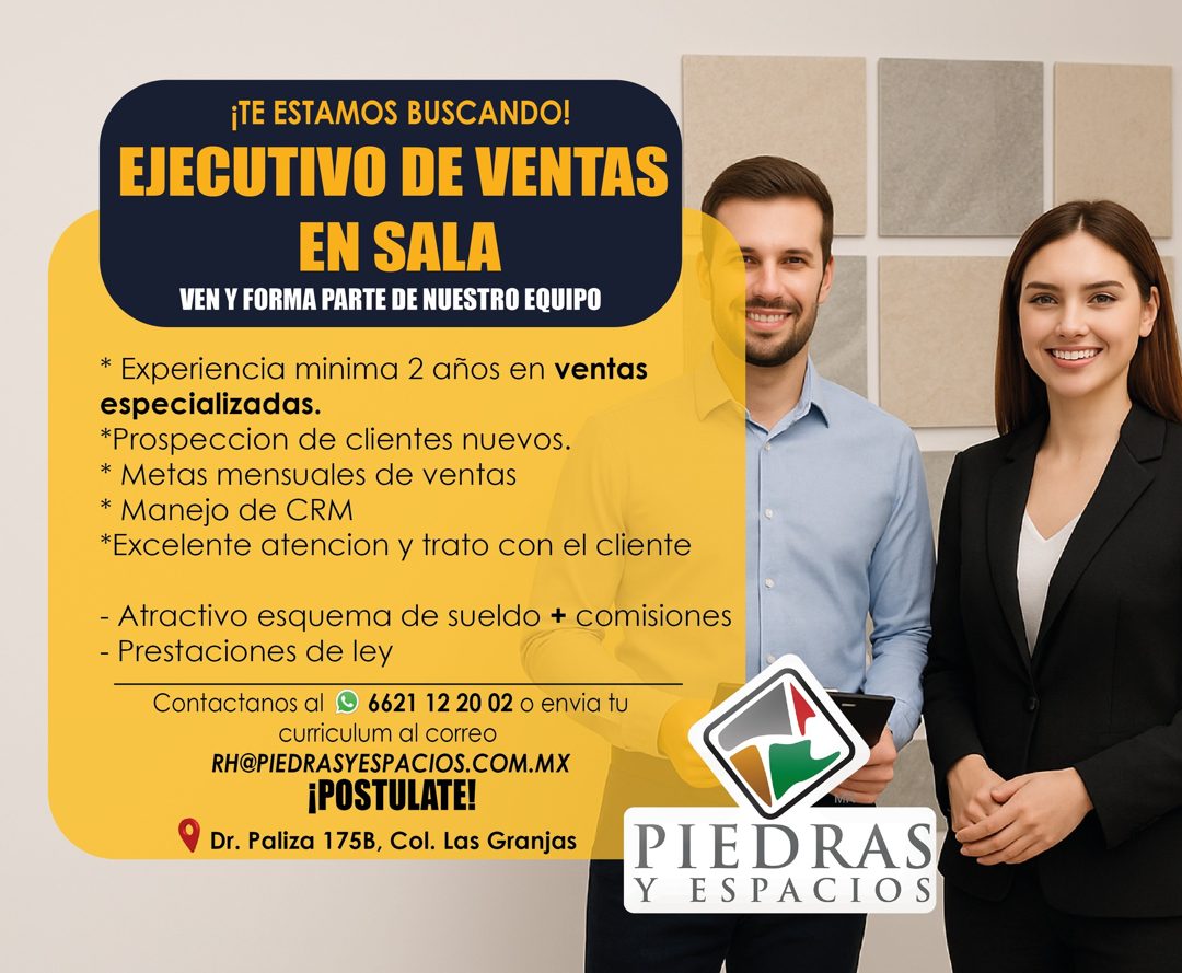 Banner del anuncio de la vacante: ¡TE ESTAMOS BUSCANDO! · EJECUTIVO DE VENTAS · EN SALA · VEN Y FORMA PARTE DE NUESTRO EQUIPO · * Experiencia minima 2 años en ventas · especi