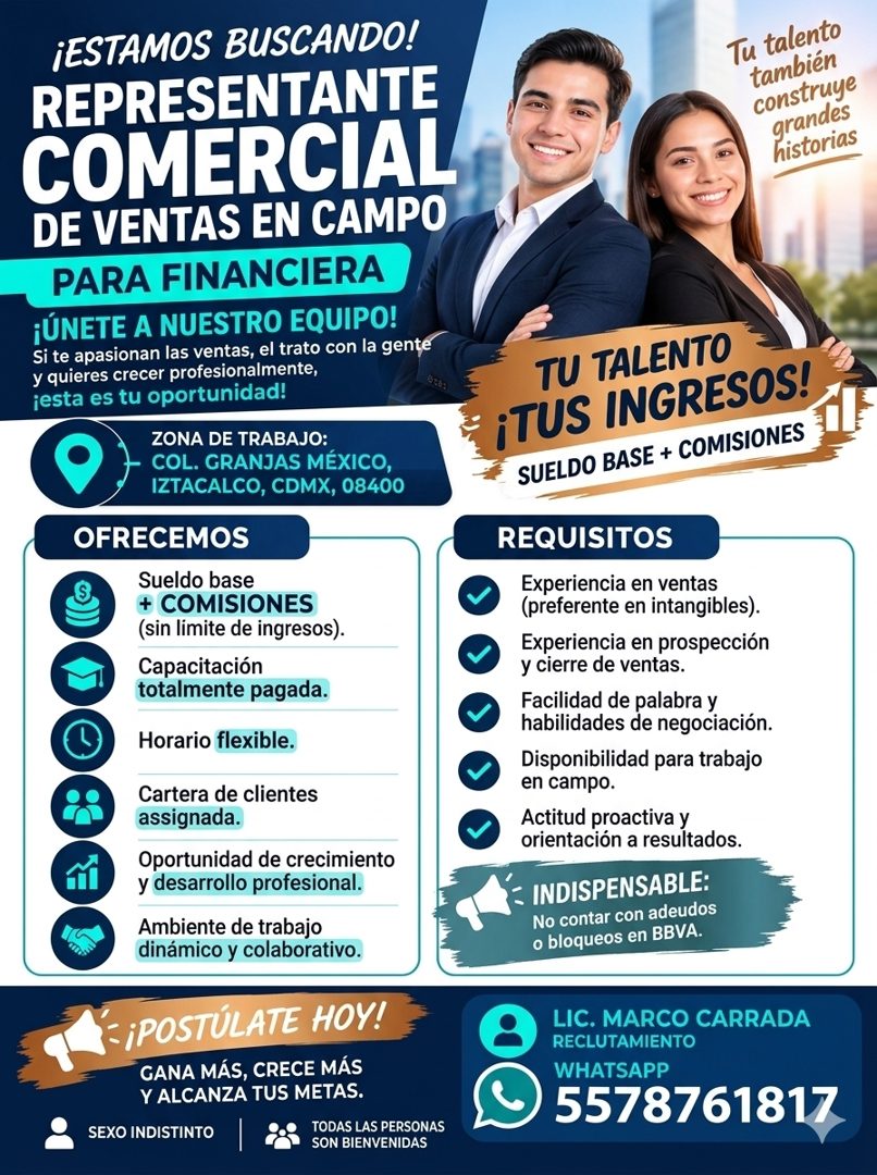 Banner del anuncio de la vacante: ¡ESTAMOS BUSCANDO! · REPRESENTANTE · COMERCIAL · DE VENTAS EN CAMPO · PARA FINANCIERA · ¡ÚNETE A NUESTRO EQUIPO! · Si te apasionan las venta