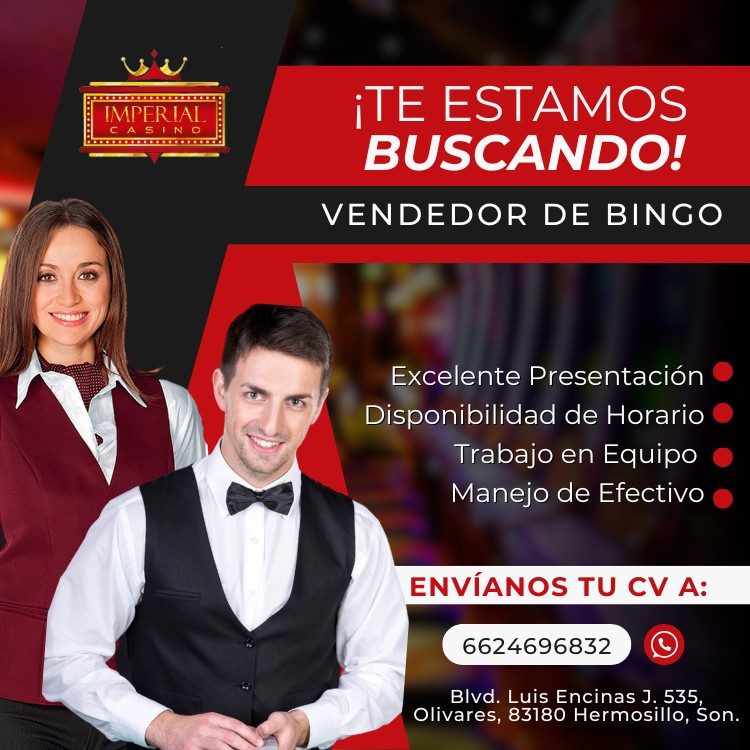 Banner del anuncio de la vacante: 00000O0000000: · IMPERIAL · -ASINC · 000000000000000 · ¡TE ESTAMOS · BUSCANDO! · VENDEDOR DE BINGO · Excelente Presentación • · Disponibilid