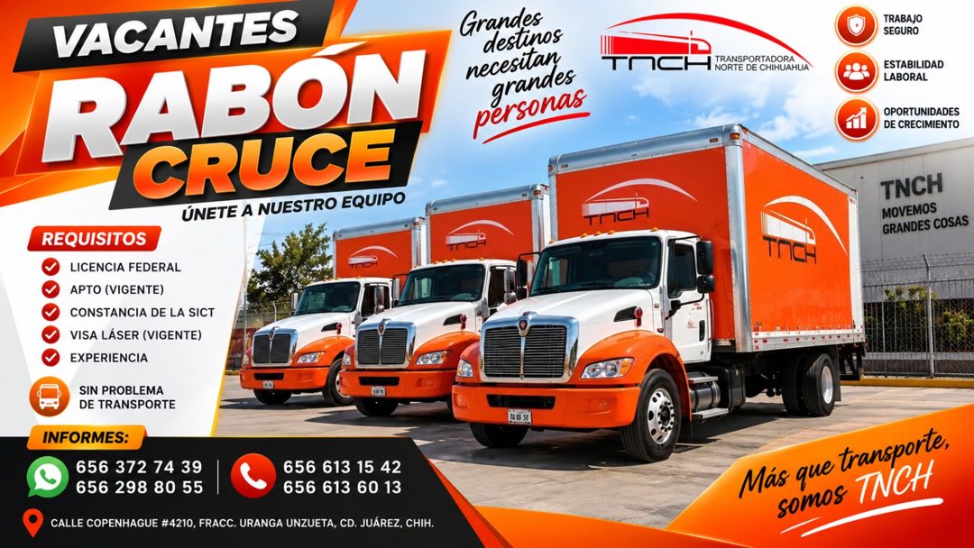 Banner del anuncio de la vacante: VACANTES · RABON · CRUCE · ÚNETE A NUESTRO EQUIPO · Grandes · destinos · necesitan · grandes · personas · ncH · TRANSPORTADOR, · NORTE DE CH